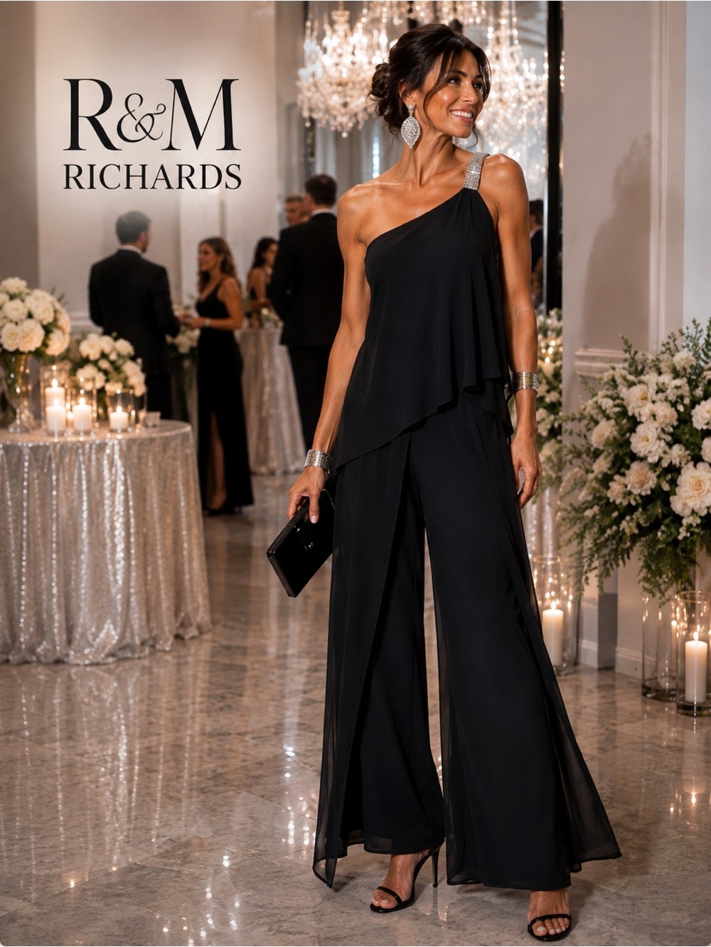 R&M Richards, One-Shoulder Beaded Cocktail Jumpsuit, So Elegant,Size 10